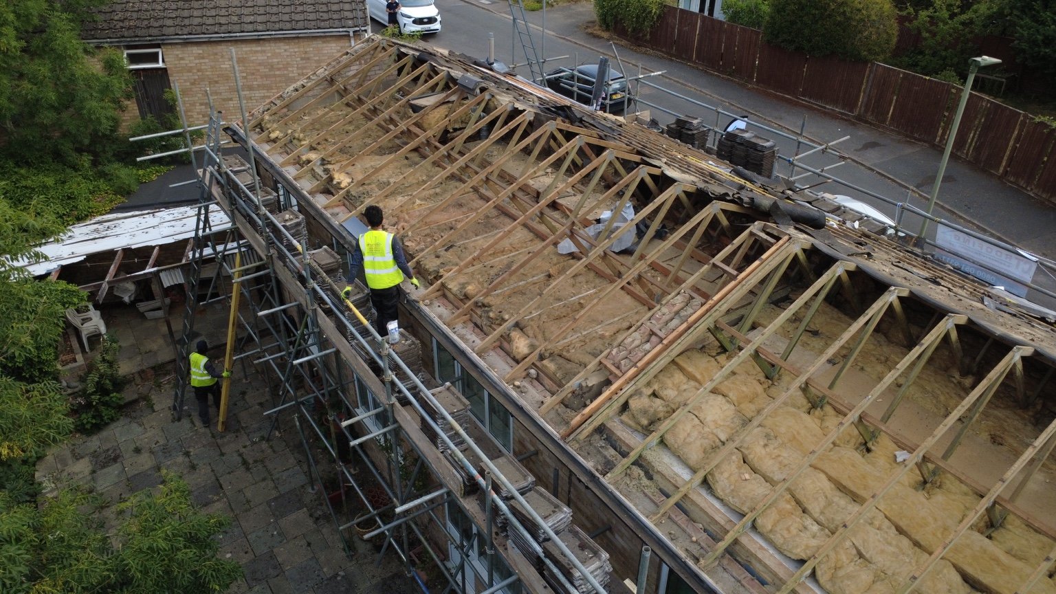 Roof stripped back to exposed rafters